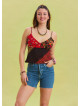 Patterned V Neck Thin Straps Red Summer Blouse 4437
